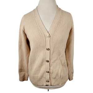 Cielo V-Neck Cardigan Sweater Cream Rib Knit Crop Career Chic Soft Size M